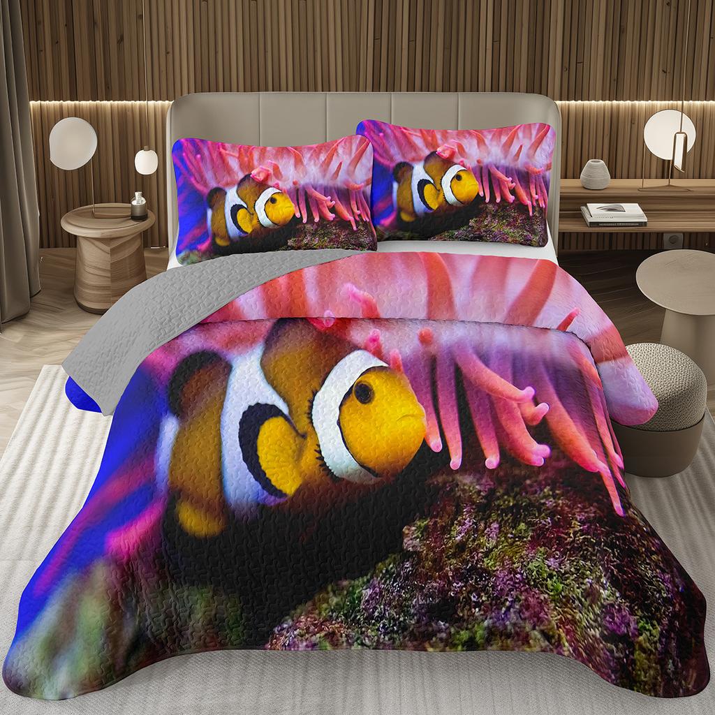 Fish Bedspread Twin Queen Ocean Marine Theme Coverlet Set for Boys Girls Teens Room Soft Lightweight Sea Animal Quilted Bedding