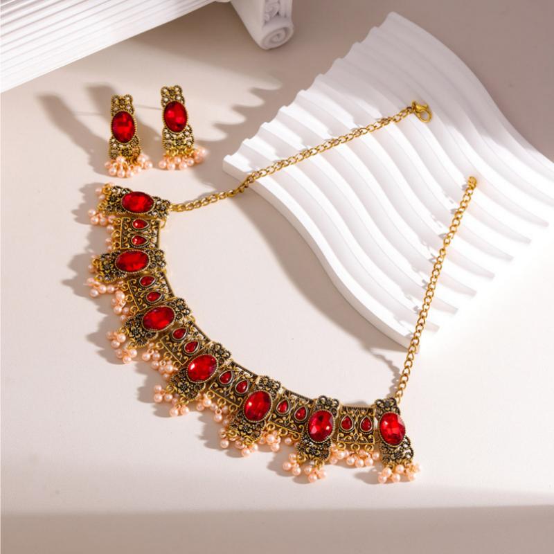 Vintage Crystal Choker Necklace Inlaid Rhinestone Ethnic Style Jewelry Set Women Accessories