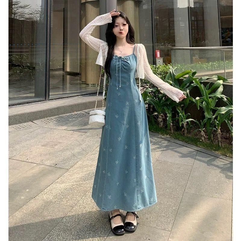 Denim Dress For Women With French Bow Tie Detail Long Sleeveless Summer Casual