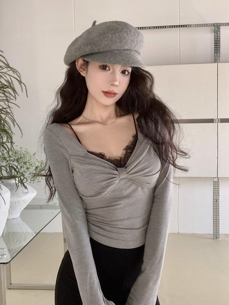 

Autumn Winter Sexy U-neck Lace Bow Top for Women One Size серый