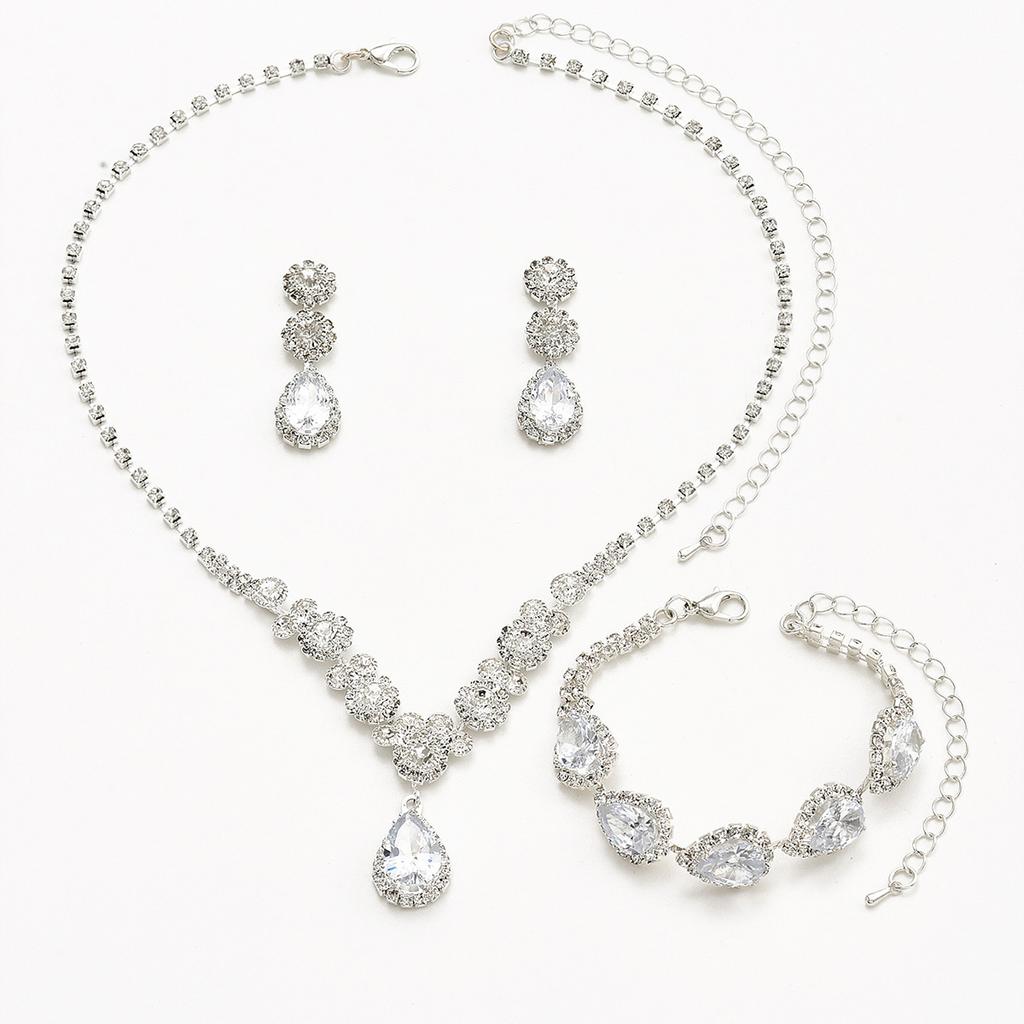 Zircon Rhinestone Necklace Earrings Bracelet Bridal Wedding Dress Accessories Three-piece Set