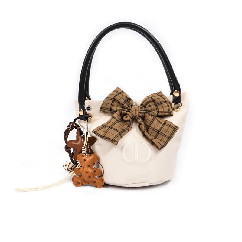 DIOR [Customized Cosmetic Bag] Canvas Fantasy Incredible Plaid Butterfly Rhyme Elegant Style Gentle Beige Bucket Drawstring Storage Bag бежевый