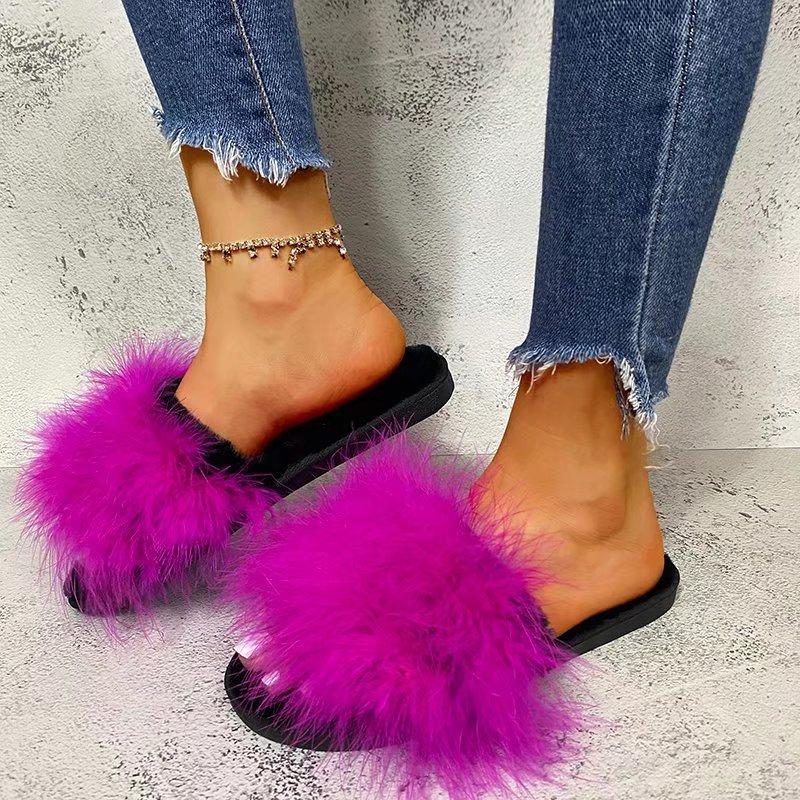 Fashion New Summer Fur Slippers Women Fashion Indoor Furry Fur Slides Women Plush Flat Shoes Casual Fluffy Slippers House Slides Women
