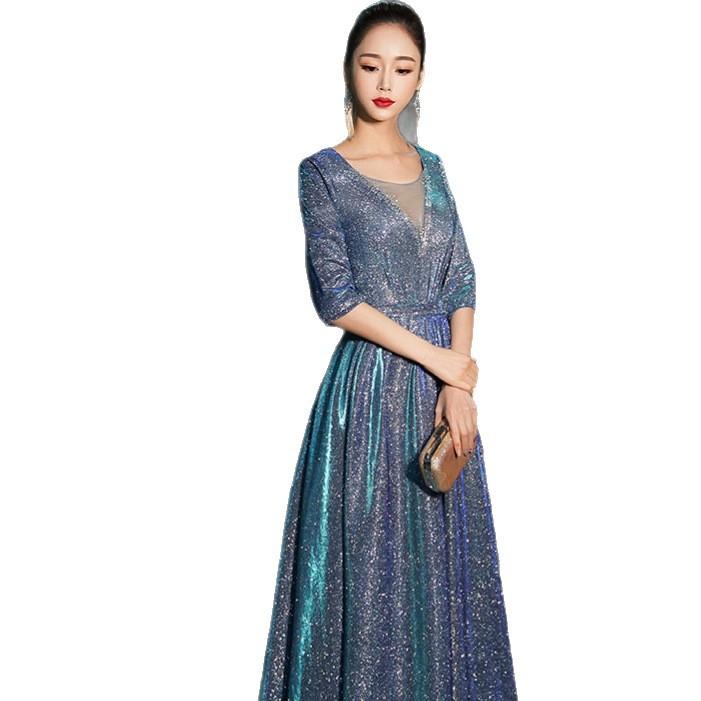 Blue Banquet Evening Dress Skirt Women's High-end Light Luxury Niche High-end Adult Ceremony Host Performance Dress