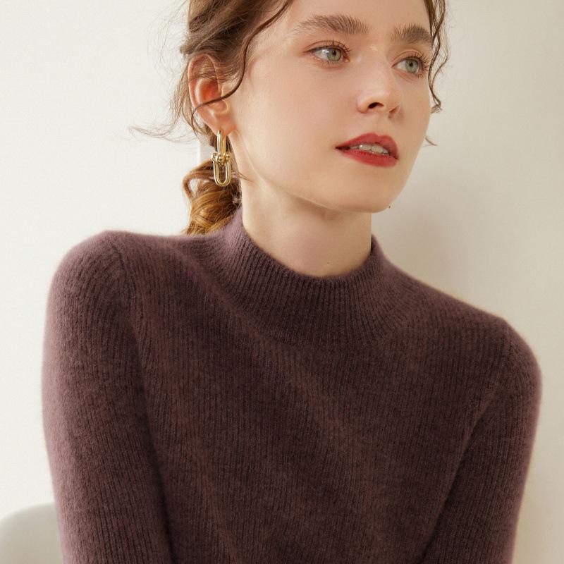 Women's Double-Strand Thickened Cashmere Sweater - Half-High Collar, Loose Fit, Autumn/Winter Pullover Knit Base Layer.