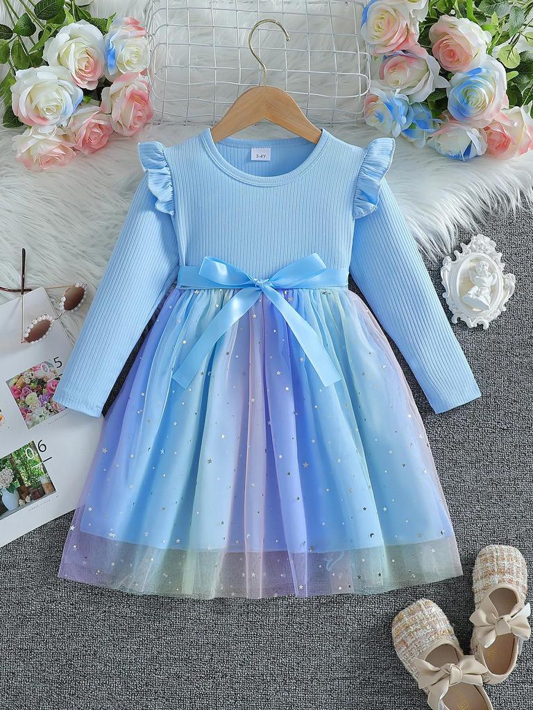 Herbst 2025 Langarm-Netzkleid mit Schleife für Baby-Mädchen