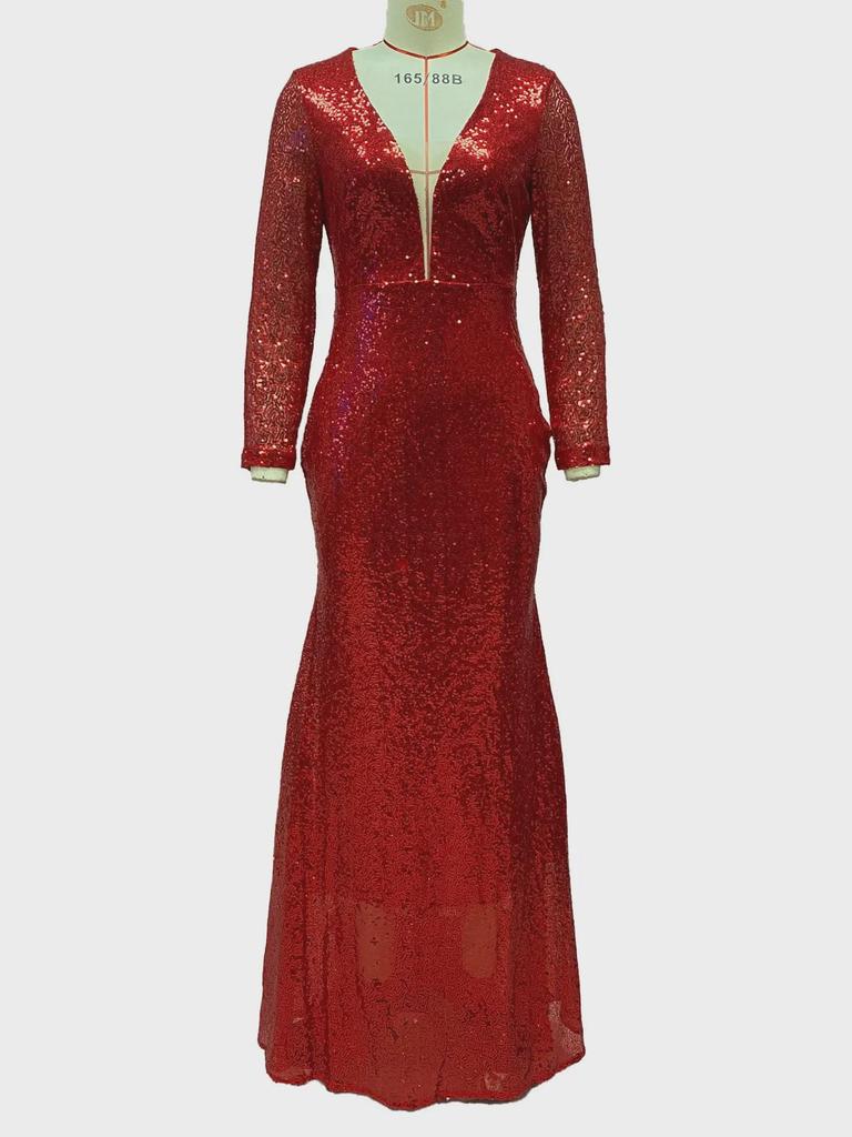 2025 Červené Třpytivé Šaty s Rybím Ocasem, Dlouhým Rukávem a Výstřihem do V pro Ženy