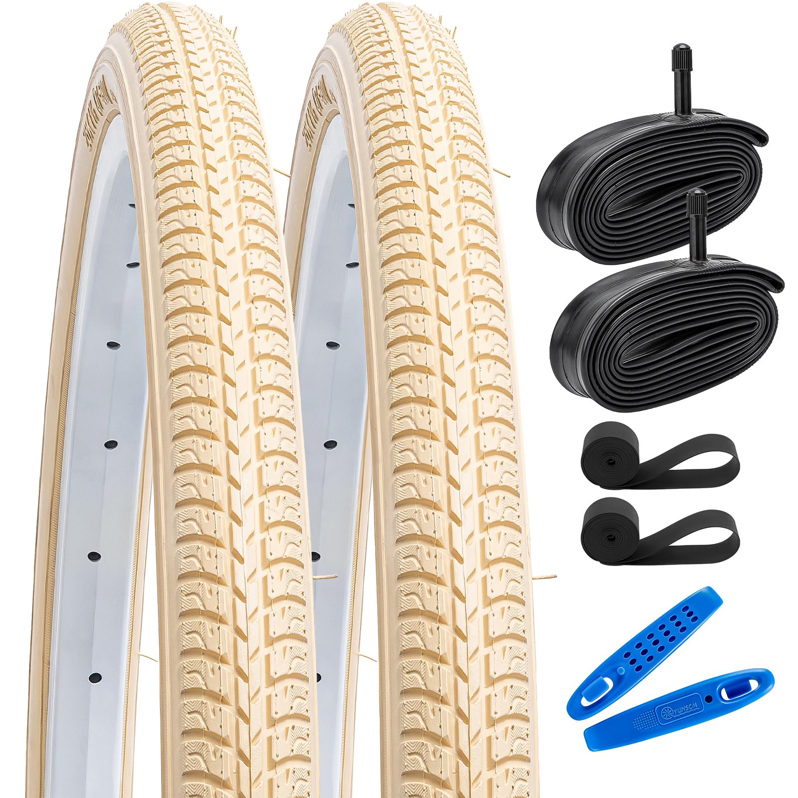 

YunSCM Комплект из 2 штук, шины 24x1 3/8, велосипедные шины 24x1 3/8 + камеры 24x1 3/8 с американскими вентилями 32 мм + ободная лента + монтажная лопатка, Y-235 (бежевый)