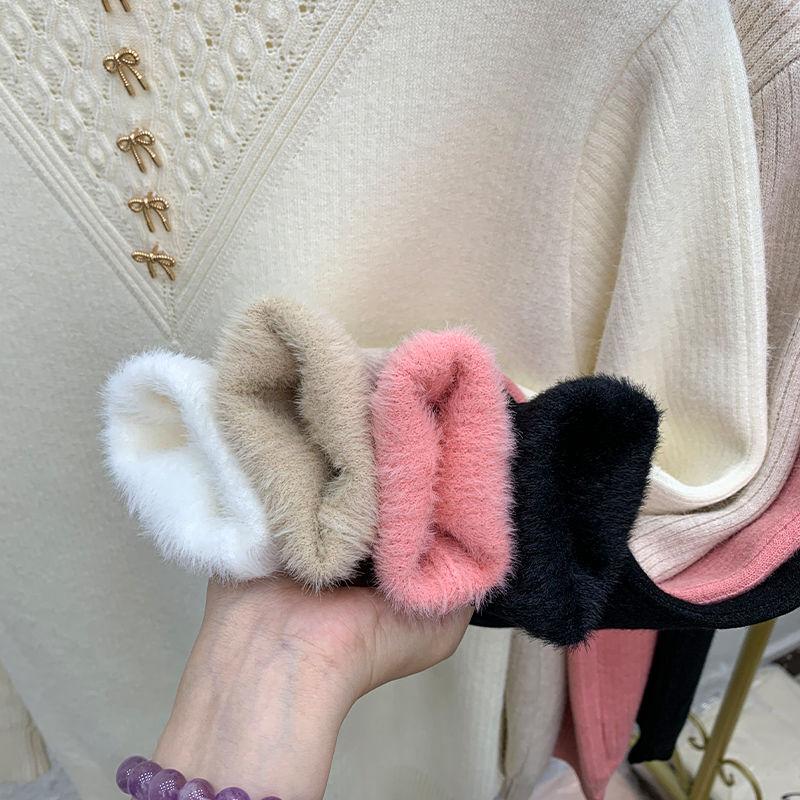 Eldelad fleece-tröja med halvhög krage för dam, fleeceförtjockad pullover, enfärgad långärmad avslappnad stickad tröja för höst och vinter