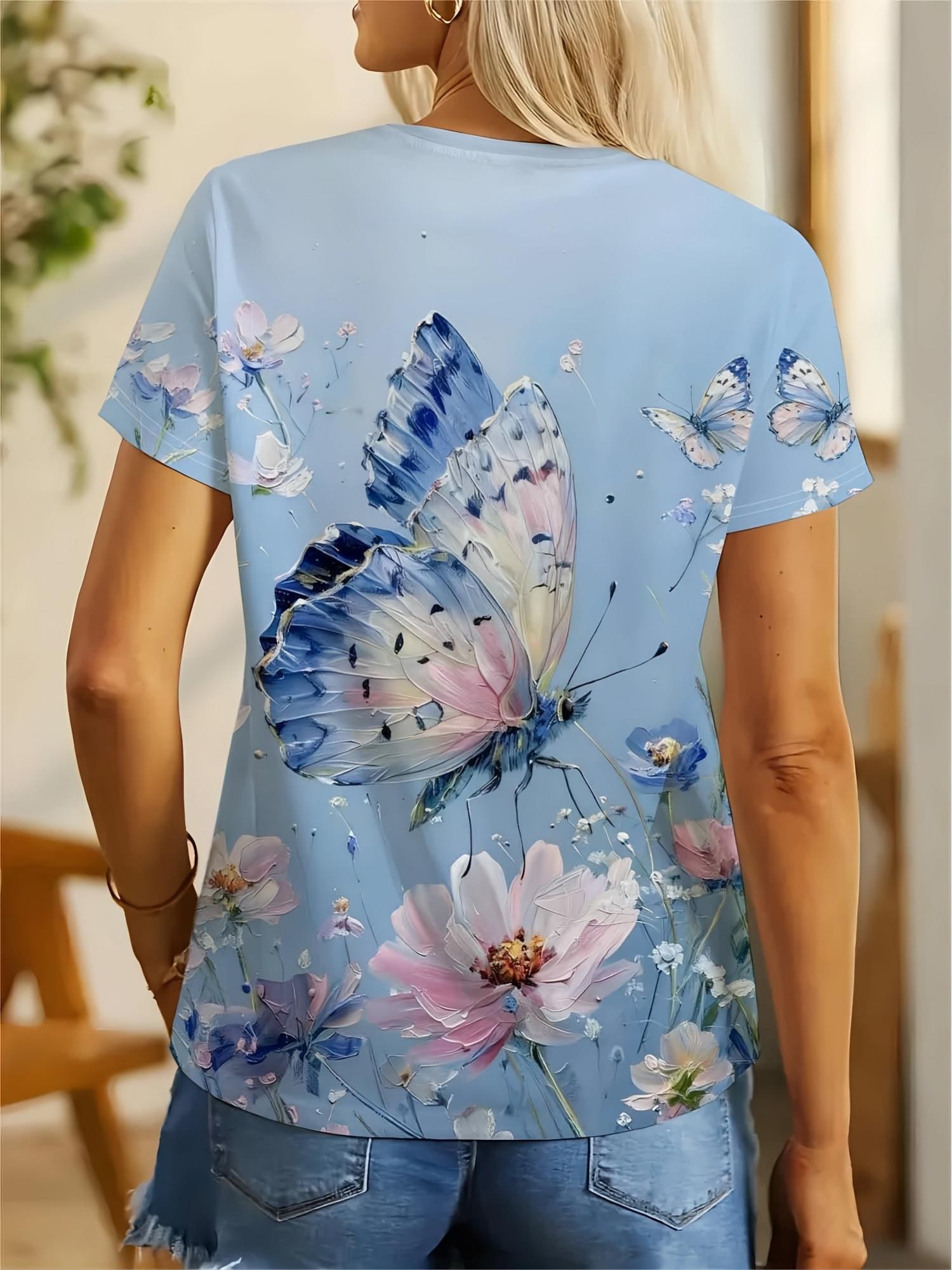 Oil Painting Print Blue Pink Butterfly Flower Short Sleeve T-Shirt Women S Fresh Light Blue Top Spring Gentle Versatile Style Light Blue Base with Blu L