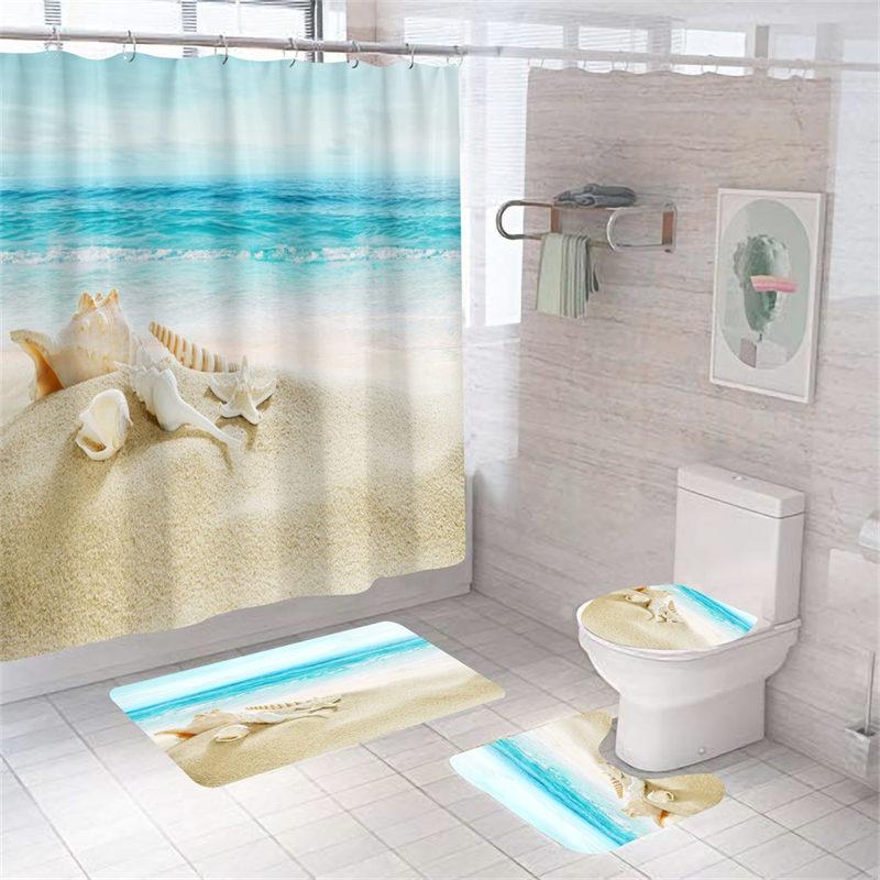 4Pcs/Set Print Shell Starfish Shower Curtains Ocean Beach New Bath Mat Set Waterproof Bath Curtain Polyester Anti-slip Carpet Toilet Rugs