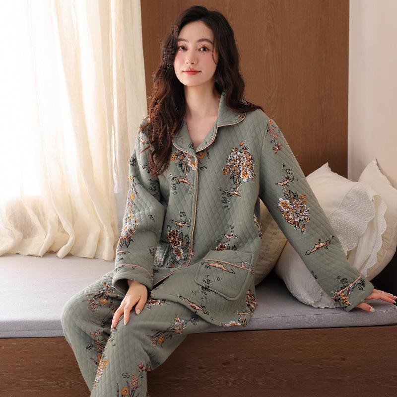 Air Cotton Pajamas Women'S Spring And Autumn Thickened Cotton Long-Sleeved Interlayer Loungewear Autumn And Winter Middle-Aged Mothers Can Wear