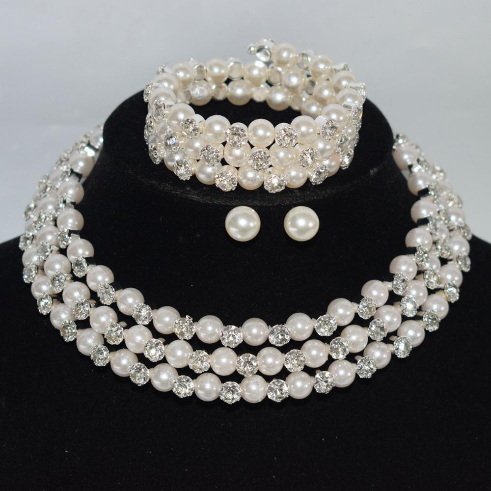 Bridal Wedding Pearl Rhinestone Bundle Neck Chain Collar Bracelet Stud Earrings Three-piece Amazon Claw Chain Set