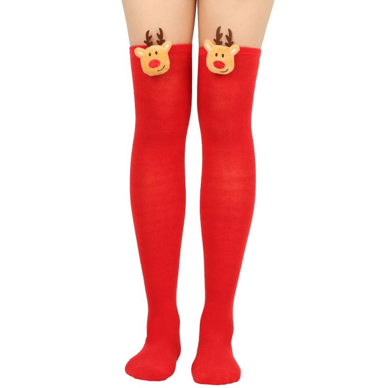 Damen Weihnachten Overknee Lange Socken Niedlich 3D Plüsch Hirsch Elch Gestreifter Druck Oberschenkelhohe Strümpfe Feiertagsparty Strumpfwaren