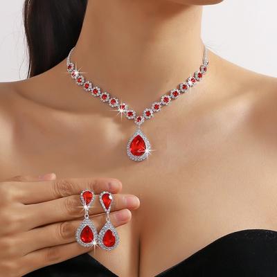 2 Teile/satz Frauen Hochzeit Schmuck Set Waterdrop Form Glänzende Faux Kristall Halsband Halskette Baumeln Ohrringe Set