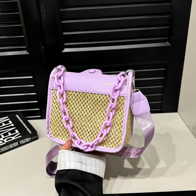 Woven Chain Handbag Women's 2025 New Textured Straw Shoulder Messenger Bag Versatile Contrasting Color Small Square Bag