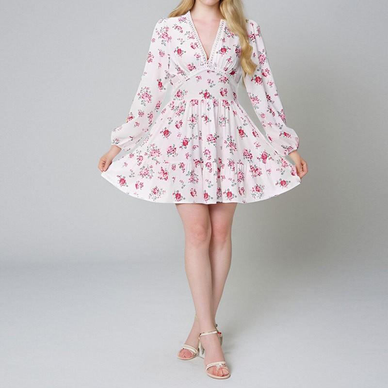 

European American Women s Clothing Sweet Print V-neck Lace Short Long-sleeved Dress S