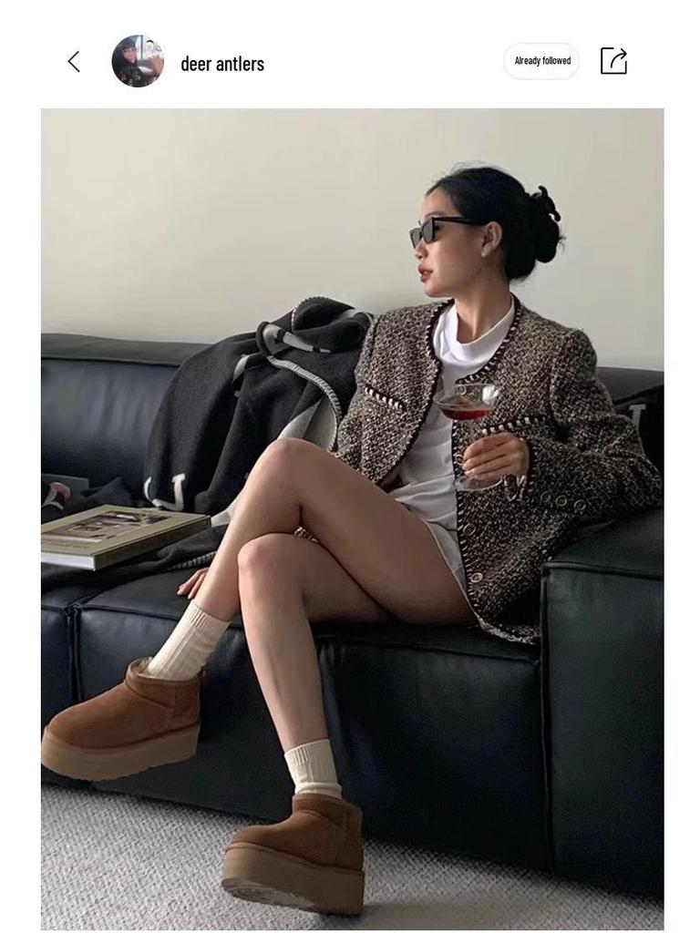 Henan Sangpo Women's Fleece-Lined Snow Boots - Thick-Soled Shearling, Zhou Dongyu Style, Pure Wool, Couple's Edition
