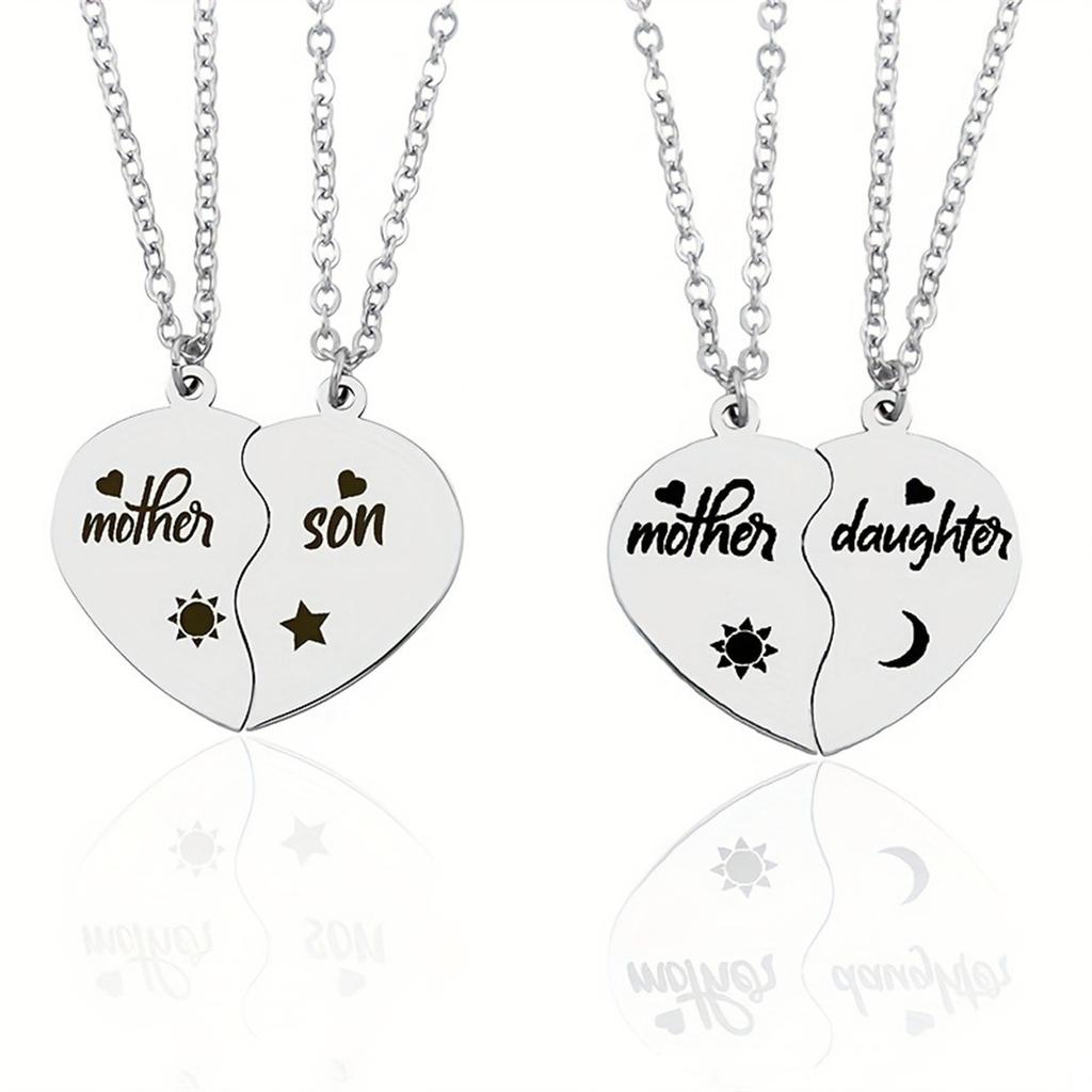 Mother's Necklace - Mother's Daughter/son Heart-shaped Pendant - Stainless Steel Half-Heart Necklace