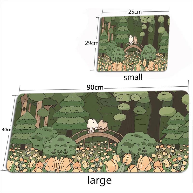 Green Windowsill Bunny Print Extended Mouse Pad Cute Forest Rabbit Nonslip Desktop Keyboard Mat