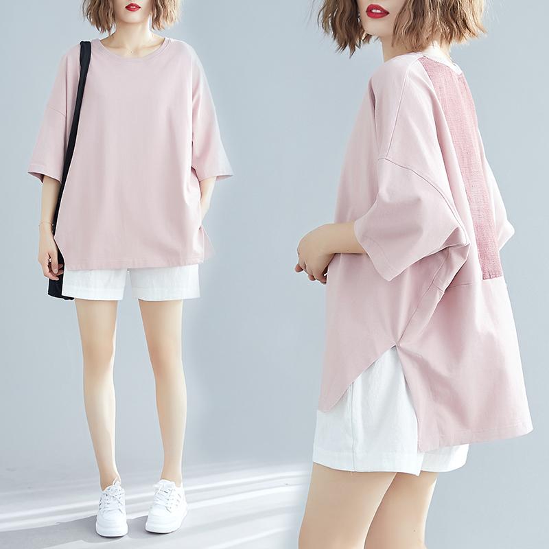 

DIMANAF 2025 Summer Plus Size T-Shirt Women Short Sleeve O-Neck Short Loose Solid Tops Tees One Size розовый