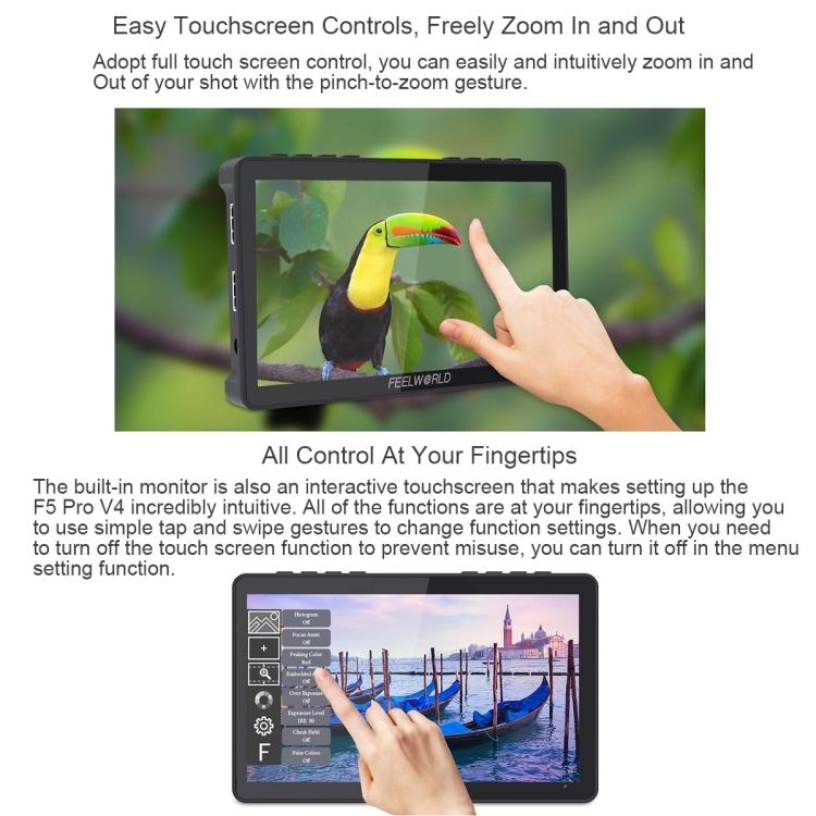 FEELWORLD F5 Pro V4 6 Inch Touch Screen DSLR Camera Field Monitor 3D LUT 4K HDMI Input Output Tilt Arm