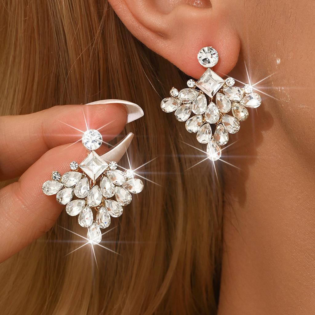 Light Luxury High-End Sense Full Diamond Alloy Geometric Earrings Temperament Fashion Exaggerated Stud Earrings Niche Design Sense