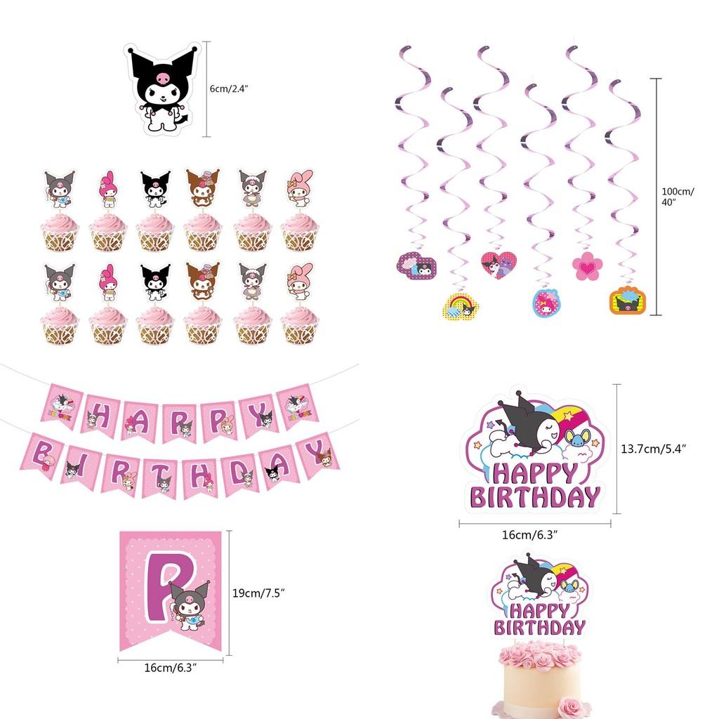 Kuromi Themed Birthday Party Decor Supplies Set With Flag Cake Spiral Balloon And Bright Colorful Toppers