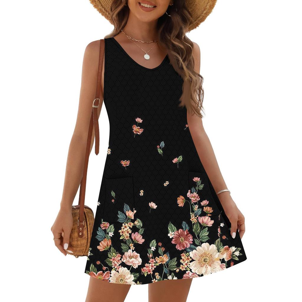 Women's Fashion Casual Summer Cuffless Bag V-neck Vintage Floral Print Dress Beach Sundress
