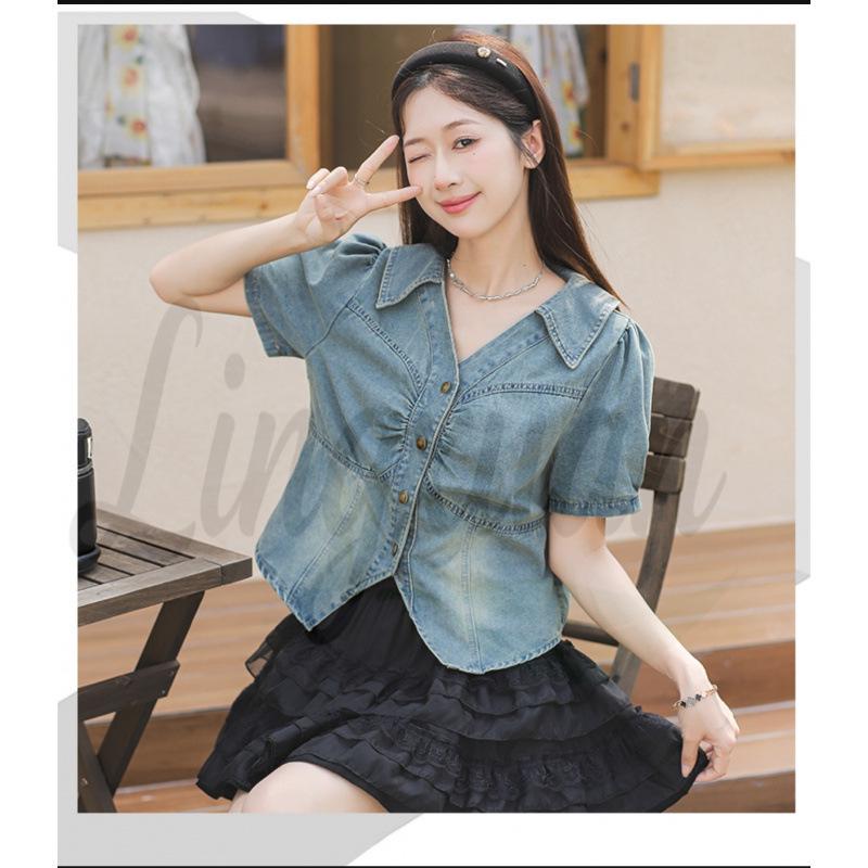 

Real Shot Retro-Style Soft Bubble Short-Sleeve Top Large синий