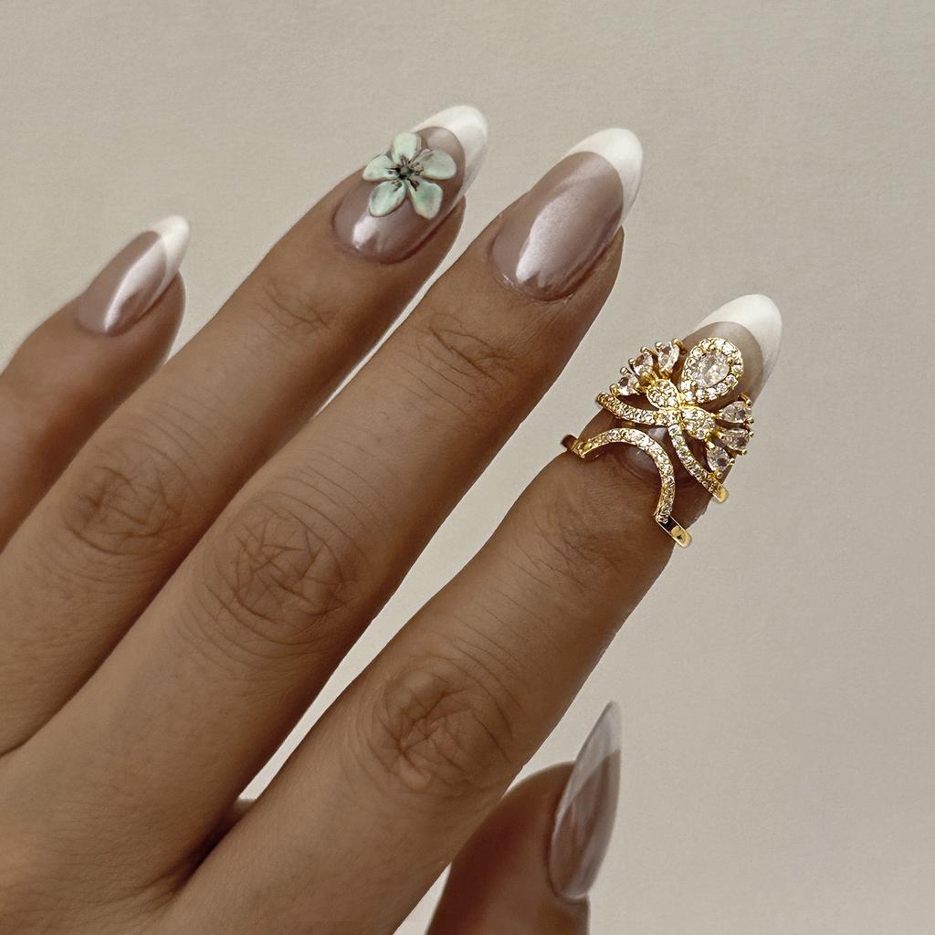 Exquisite Inlaid CZ Zircon Nail Ring for Women Creative Design Shiny Crystal Crown Flower Nail Open Ring Party Versatile Jewelry