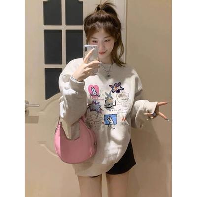 Cartoon Rabbit Printed Round Neck Sweatshirt for Women In Autumn and Winter New American Design Couple Long Sleeve Loose Top