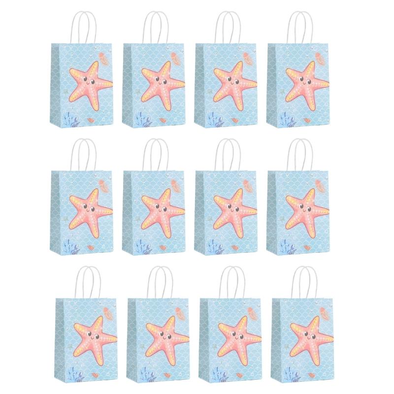 12pcs Mermaids Print Paper Gift Packaging Bag Ocean Themed Party Favors Bags with Handle Holiday Celebration Supplies