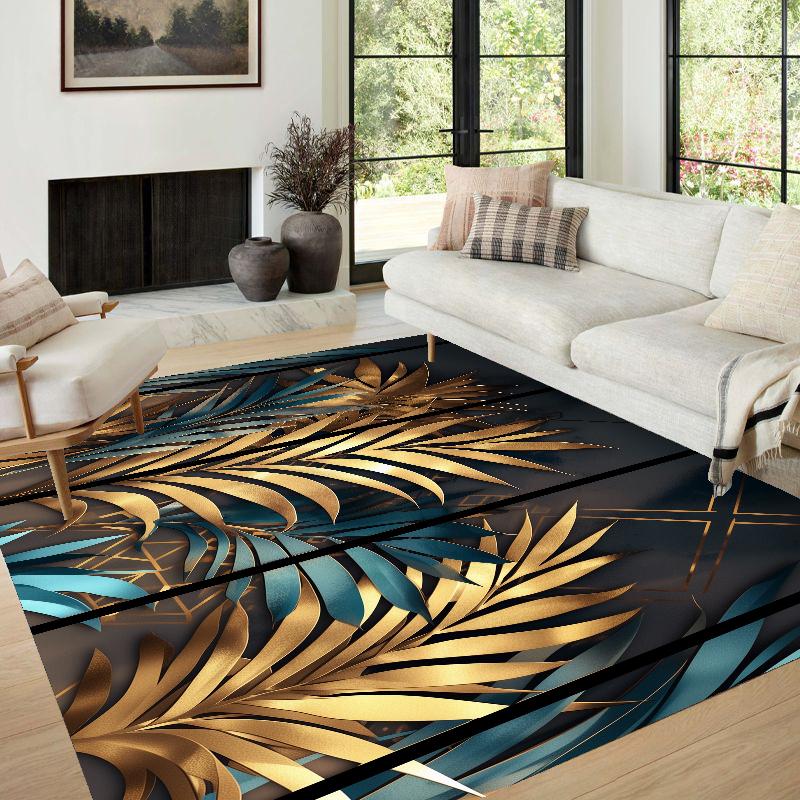 3d Golden Modern Carpet in The Living Room Leaf Patterns Room Decor Home Mats Machine Washable Large Area Rugs for Bedroom Ins