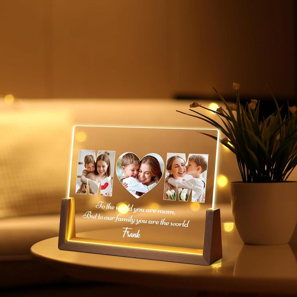 Personalized Mothers Day Unique Gifts for Mom Wife, Mom Gifts from Daughter Son Husband, Custom Acrylic Night Light Picture Frame with Photo Name,