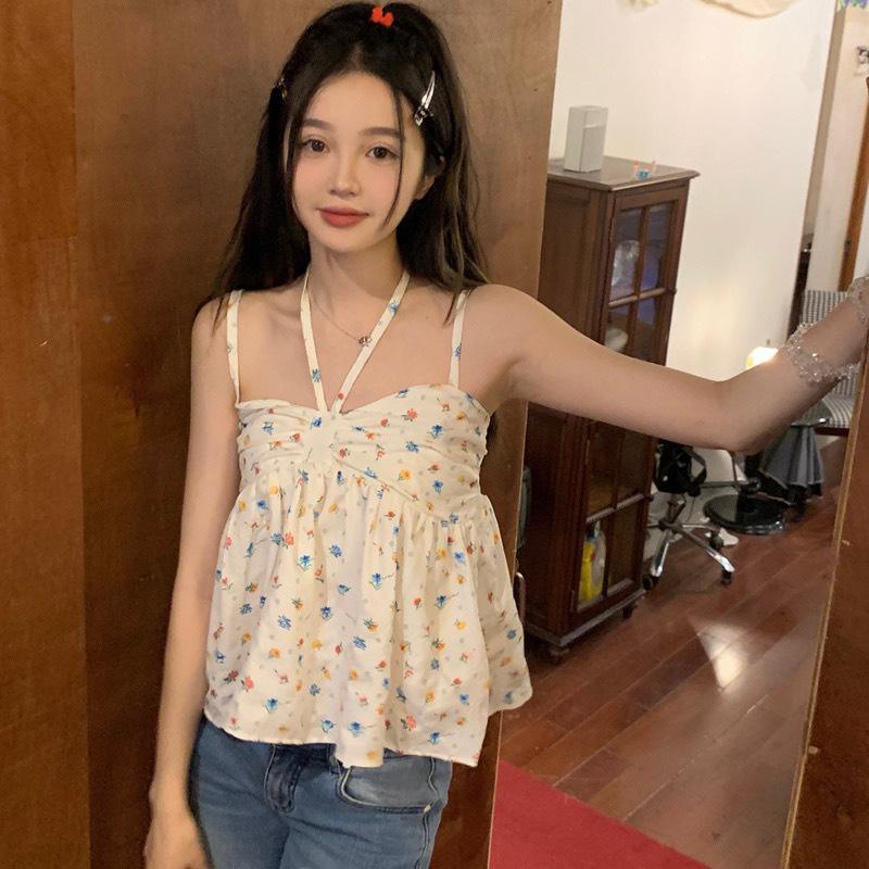 French Sweet Small Fresh Floral Sling Vest Women's Spring and Summer New Versatile Pure Desire Sweet and Spicy Lace-up Inner Top