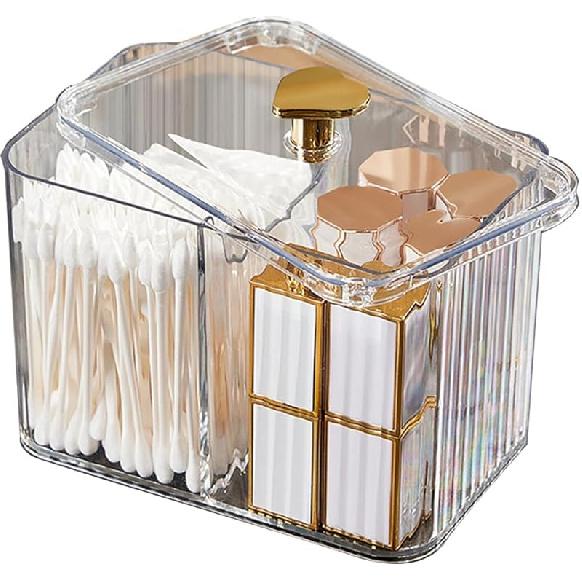 Qtips Holder Bathroom Container,3-Section Cotton Ball/Swabs Dispenser,3 Grids Apothecary Jar Organizer, Cosmetics Storage for Vanity 3 Grid-Clear