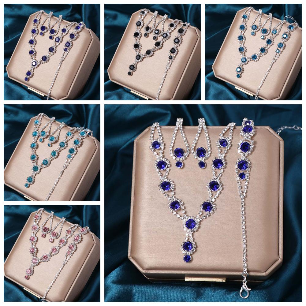 Bracelet Rhinestone Jewelry Set Crystal Necklace Wedding Party Earrings  Women