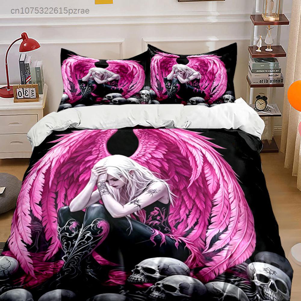 3PC Gothic Pink Angel Wings Print Bedding Set 3D Fallen Angel Duvet Cover Pillowcases Skull Skeleton Black Bed Linen