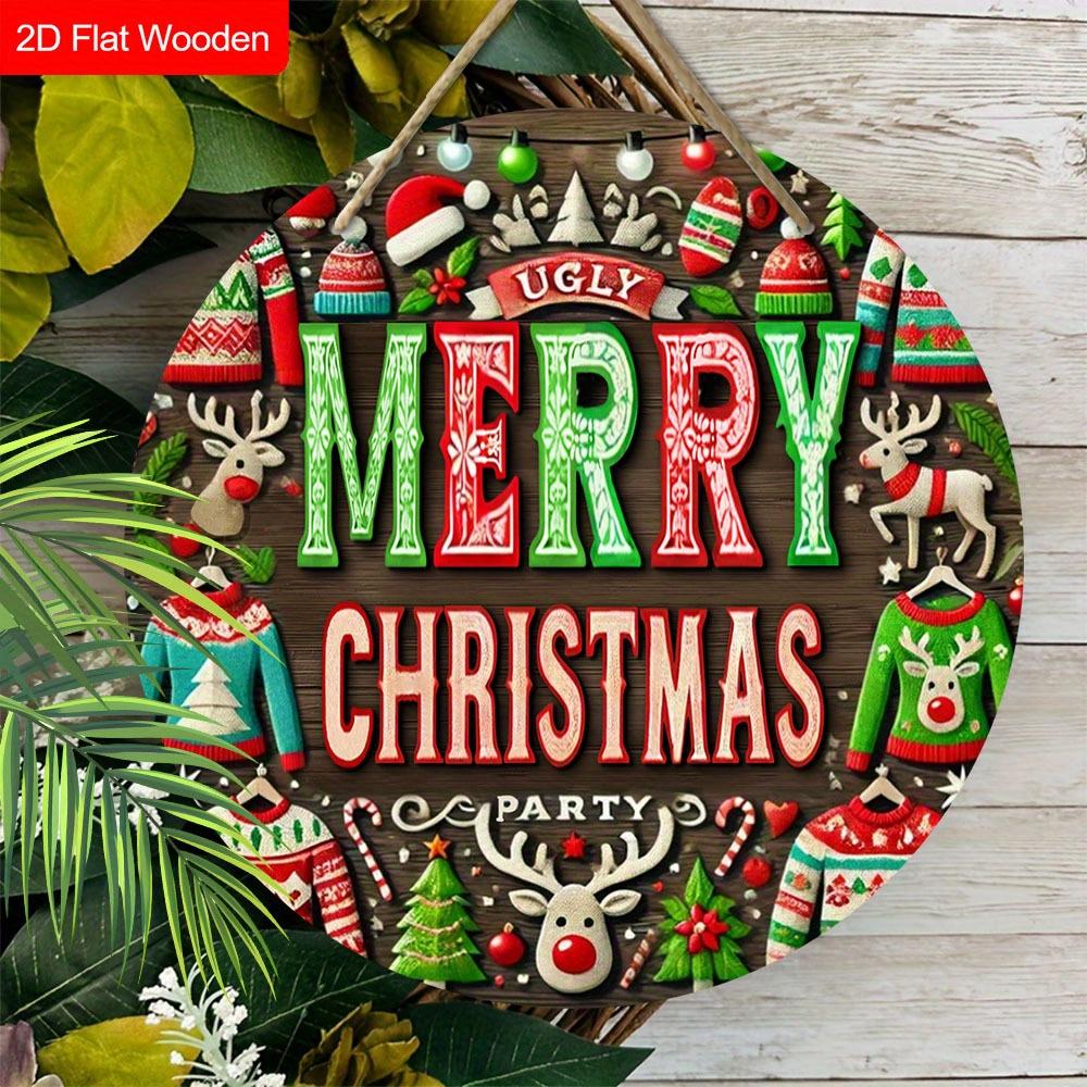 2D Flat 1pc Winter Merry Christmas Sweater Logo Wooden Sign Decoration, Front Door Embossed Effect Wall Decoration, Suitable for Home Office, Garden