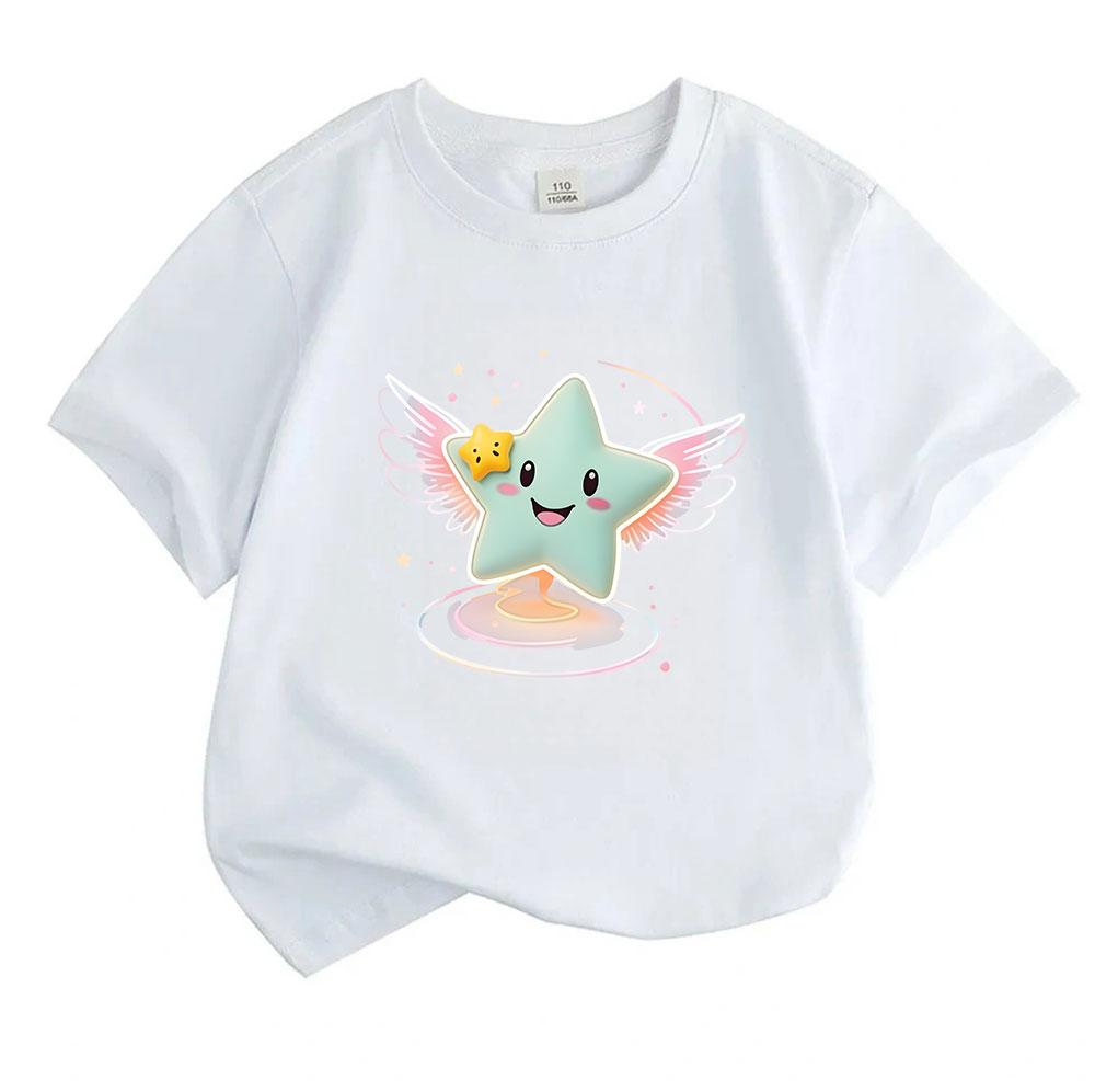 Kids Boys Girls Cute Flying Winged Star Print T-Shirt, 100% Cotton Casual Short Sleeve Crew Neck Tees, Adorable Cartoon Glowing Sparkly Star Pattern S