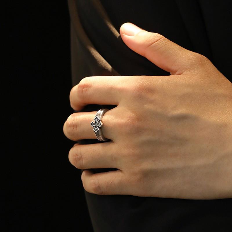 Adjustable Open Ring Men Women Vintage Cross Geometric Design Copper Statement