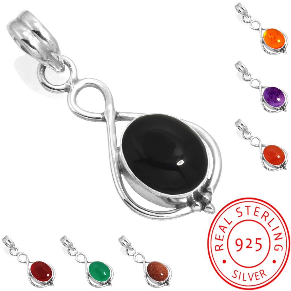 925 Sterling Silver Pendant Women Handmade Jewelry Valentine's Day Gift Amber Amethyst Black Onyx Carnelian Garnet Quartz Green Onyx Gold Stone