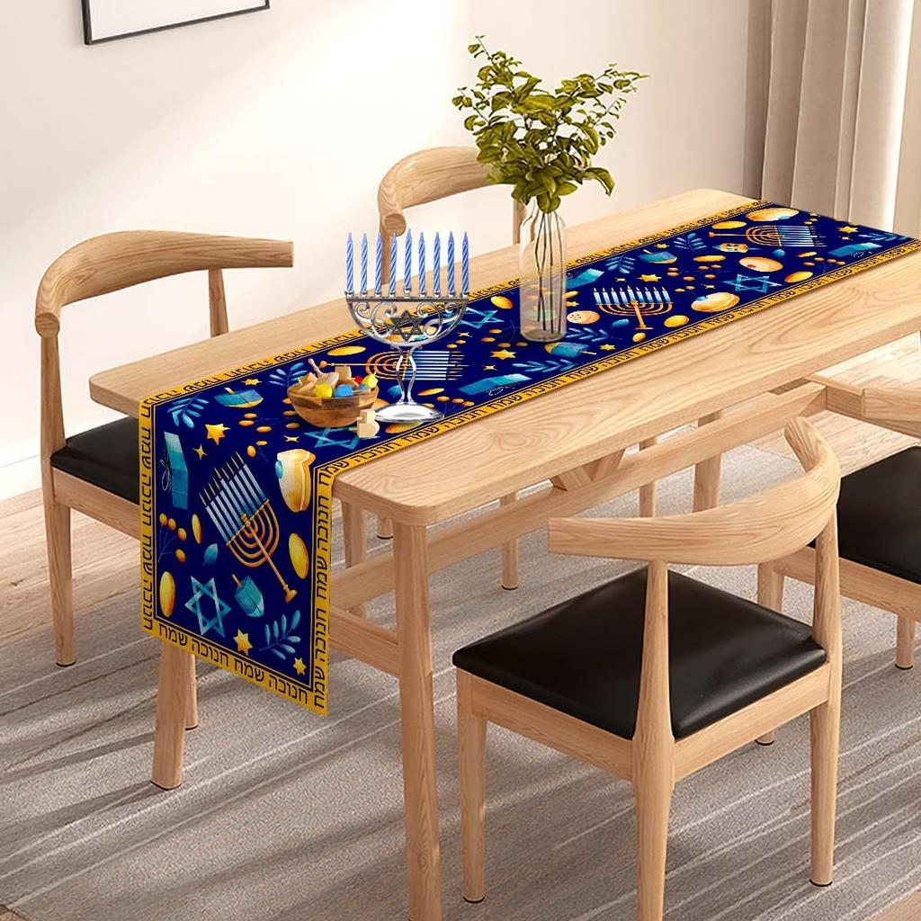Hanukkah Table Runner Menorah Chanukah Star of David Hebrew Je Festival Holiday Kitchen Dining Room Home Decoration