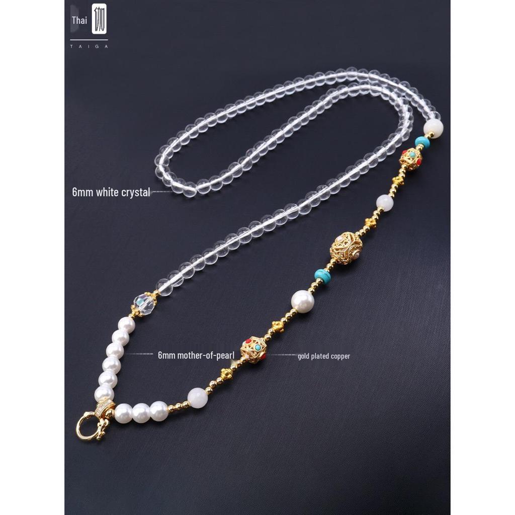 White Crystal Bead Thangka Amulet Necklace & Sweater Chain