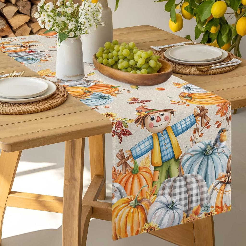 Fall Thanksgiving Scarecrows Pumpkins Table Runner Holiday Party Decor Reusable Kitchen Dining Table Runner Autumn Decorations