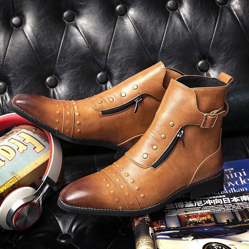 Britischer Stil Luxus Herrenkleiderstiefel Oxfords Schuhe Designer Motorradstiefel für Herren Rotbraunes Leder Cowboy Stiefel Herren Hombre