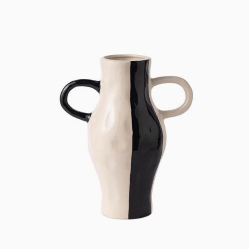 Ceramic Vase Geometric Check Pattern Flowerpot with Handle Flower Arrangement Accessories Terrarium Home Decoration