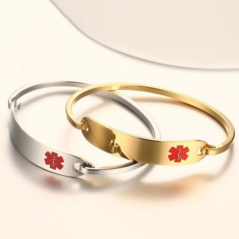 Vnox Free Engraving Stainless Steel Medical Alert ID Bangle Personalized Bracelet for Men Women/Gold Color 2.36"/2.55"