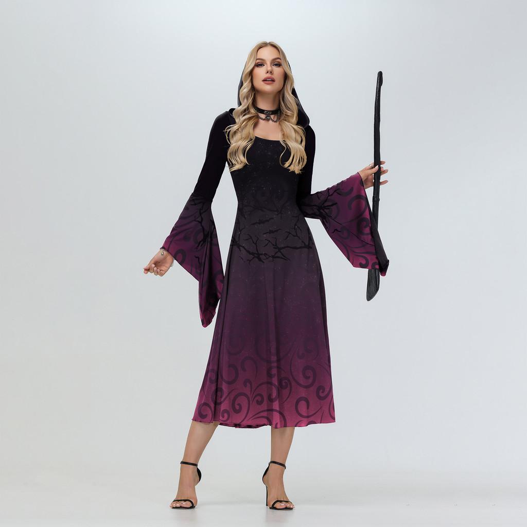 Halloween Witch Crazy Hooded Dress With Digital Print For Costume Parties